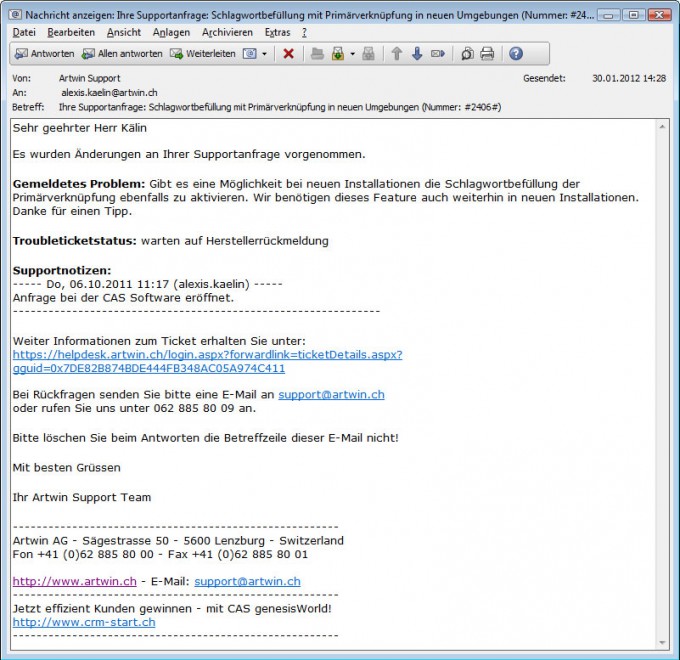 CAS Helpdesk Benachrichtung an Kunde