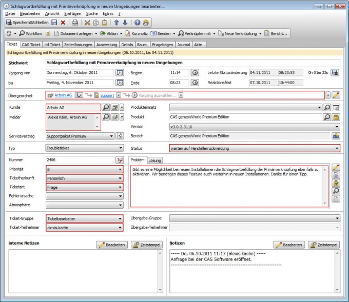 CAS Helpdesk Erfassungsmaske